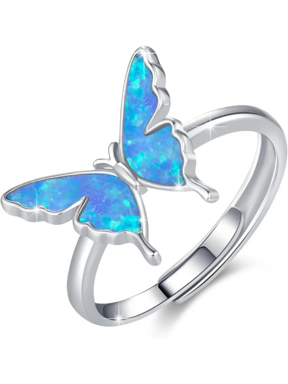 Sterling Silver Opal Butterfly Adjustable Ring - Cute Jewelry for Women’s Gifts